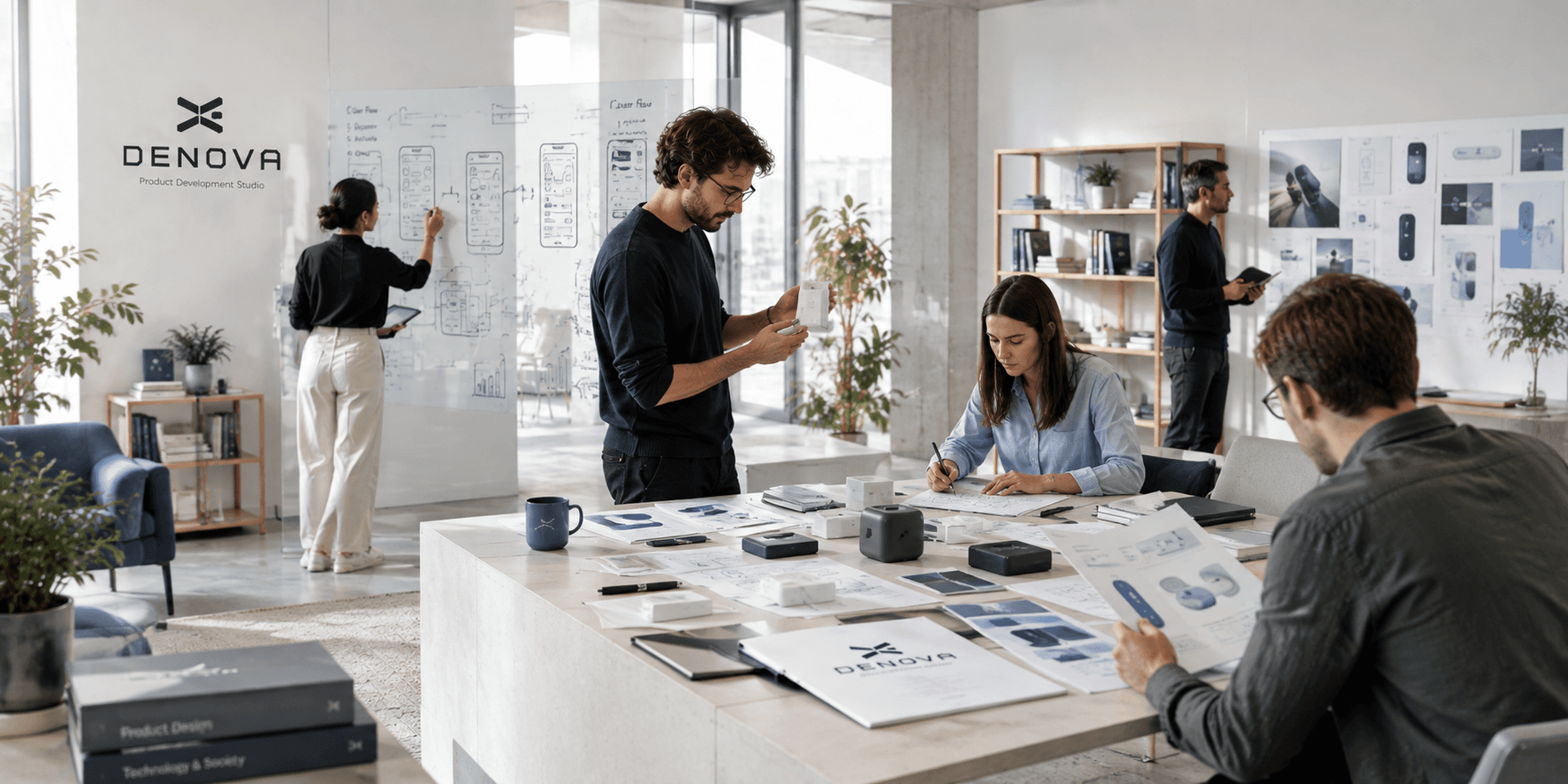 An innovation team in an open studio sketching product flows and handling hardware prototypes.